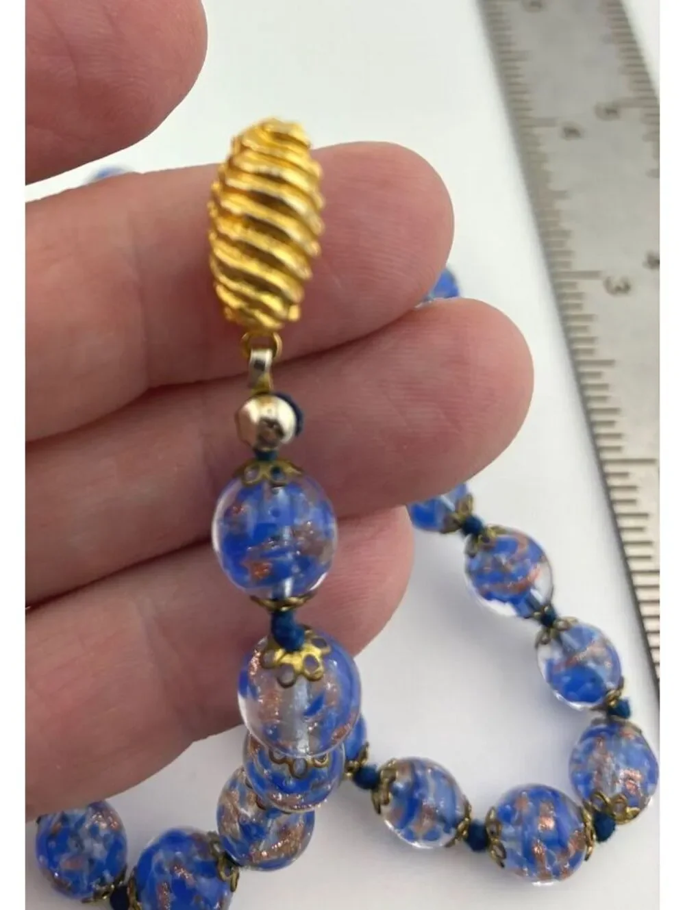 Vintage Blue Venetian Murano Glass Foil Beaded Necklace with Gold Tone Clasp 24